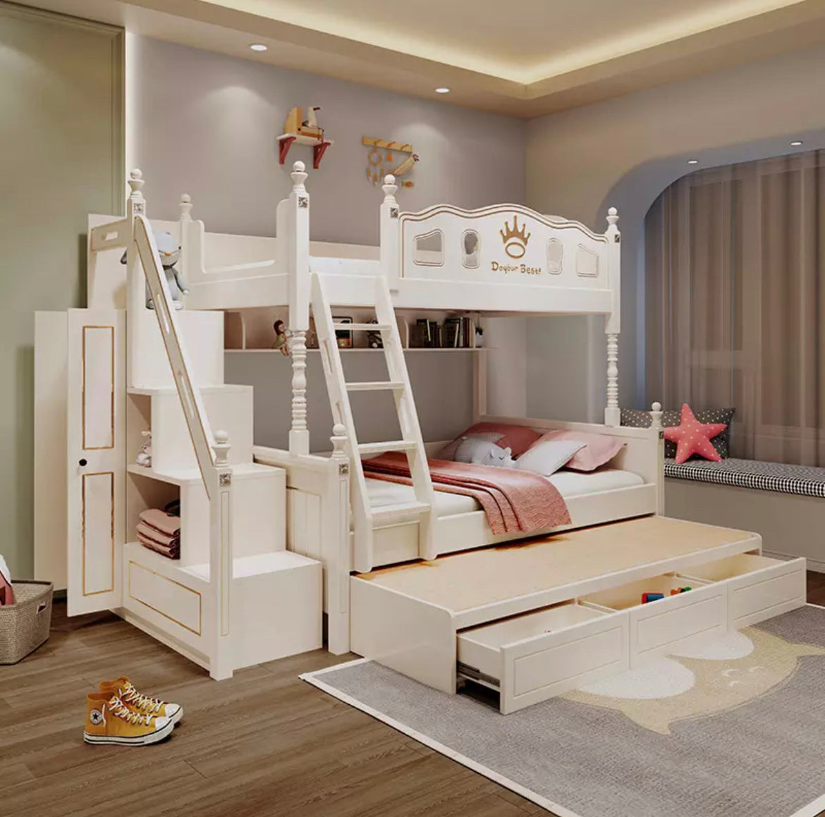 Kids Bunk Beds Eco-Friendly White Modern Bedroom Furniture Multifunctional Children Beds