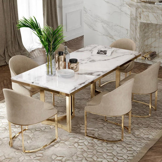 Dining Table Modern Luxury Golden Stainless Steel Esstisch Marble Top Table Set