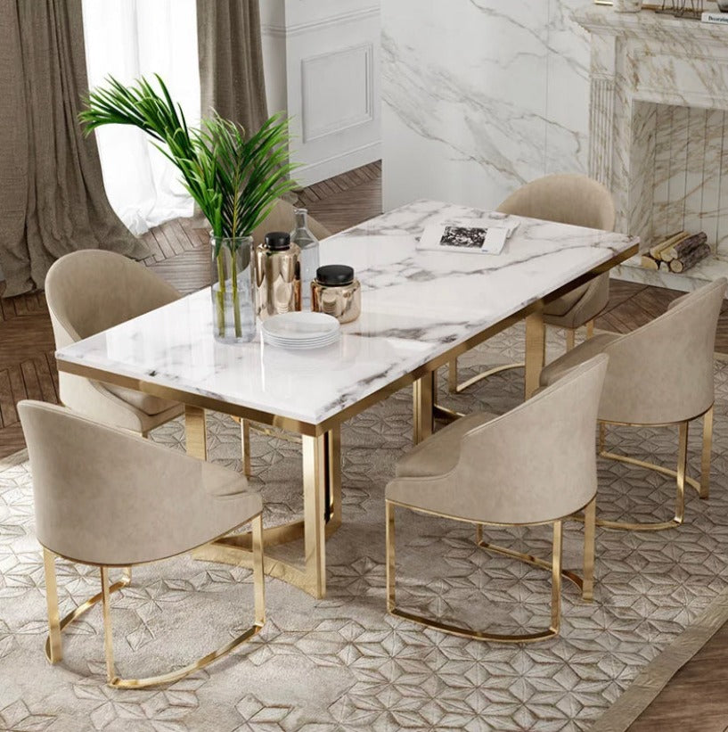 Dining Table Modern Luxury Golden Stainless Steel Esstisch Marble Top Table Set