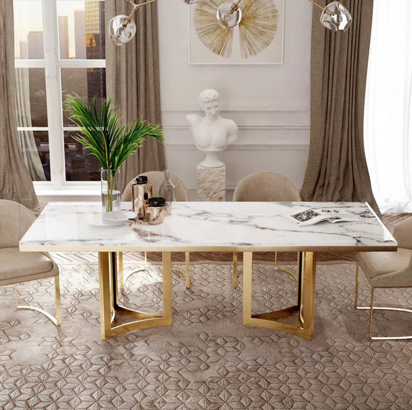 Dining Table Modern Luxury Golden Stainless Steel Esstisch Marble Top Table Set