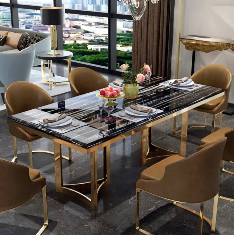 Dining Table Modern Luxury Golden Stainless Steel Esstisch Marble Top Table Set