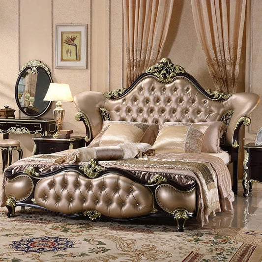 European Design Bedroom Leather Bed Solid Wood Baroque Style Bedroom Furnitures