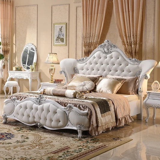 European Design Bedroom Leather Bed Solid Wood Baroque Style Bedroom Furnitures