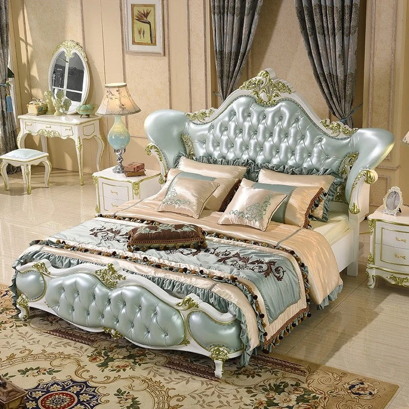 European Design Bedroom Leather Bed Solid Wood Baroque Style Bedroom Furnitures