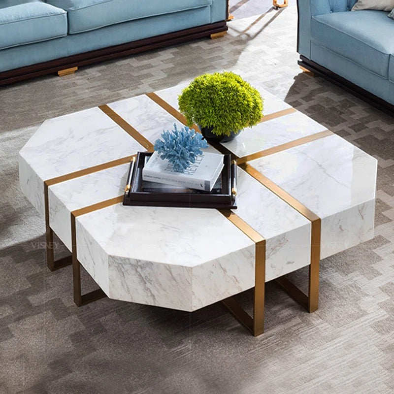 Tea Coffee Table White Square Marble Stone Gold Plated Steel Tables Living Room Furniture