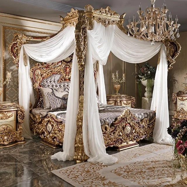 Bedroom Furniture Classic Antique Hand Made King Canopy Bed Set Luxury Design Wooden Furniture