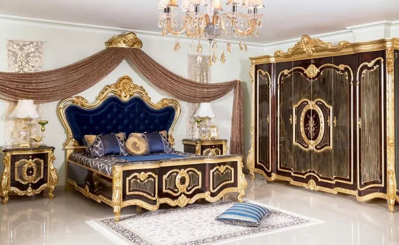 Bedroom Furniture Classical European Baroque Style Furniture Antique Royal Velvet Headboard Gold Leaf King Size Bedroom Set