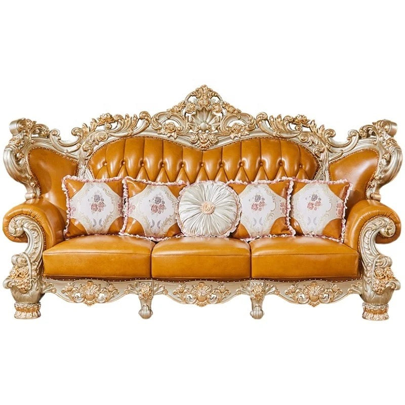 3+2+1 Sofa Set Living Room Furniture Gold Frame Leather Baroque Design Sofa Set