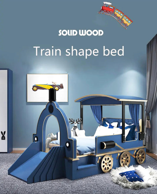 Children's Bedroom Furniture Design Solid Wood Kids Baby Safety Train Shape Beds 