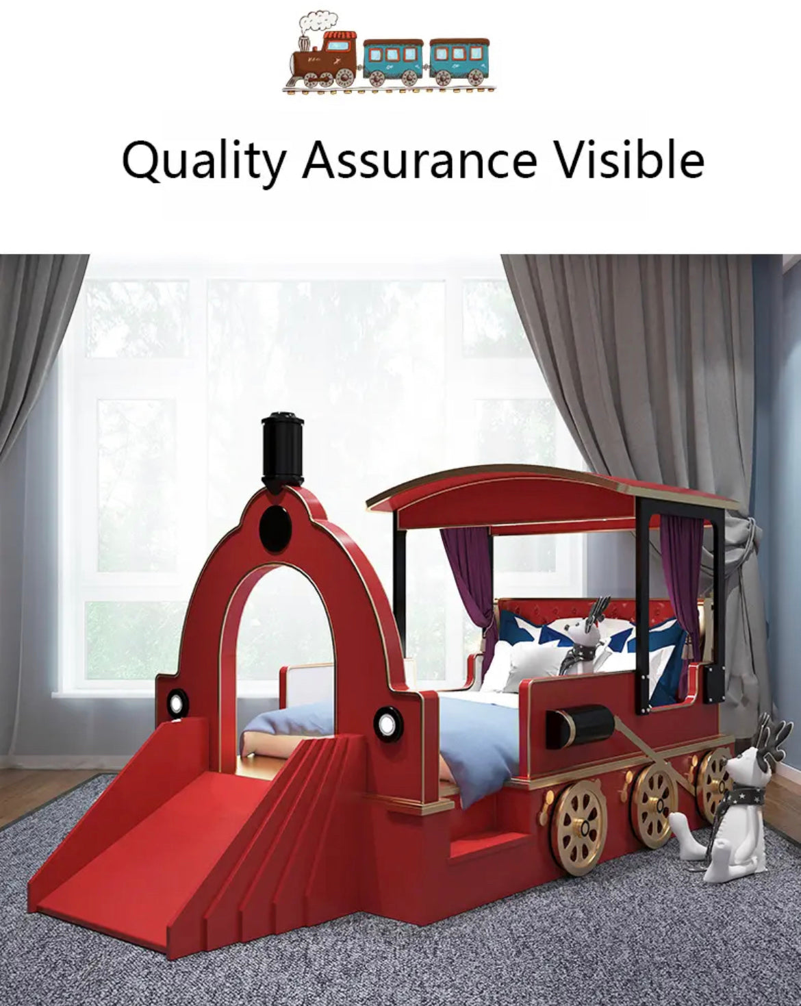 Children's Bedroom Furniture Design Solid Wood Kids Baby Safety Train Shape Beds 