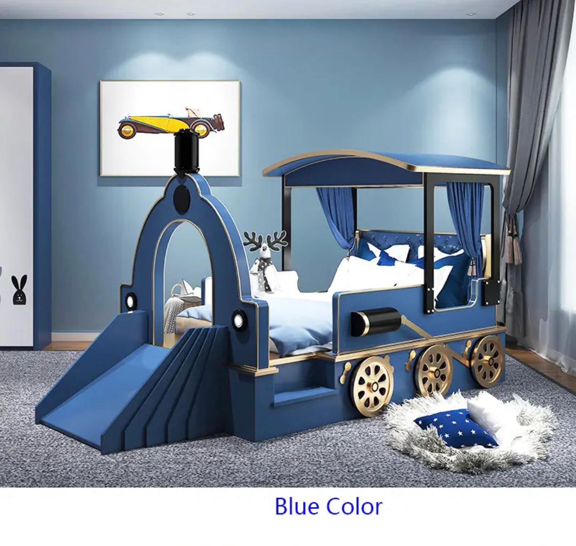 Children's Bedroom Furniture Design Solid Wood Kids Baby Safety Train Shape Beds 