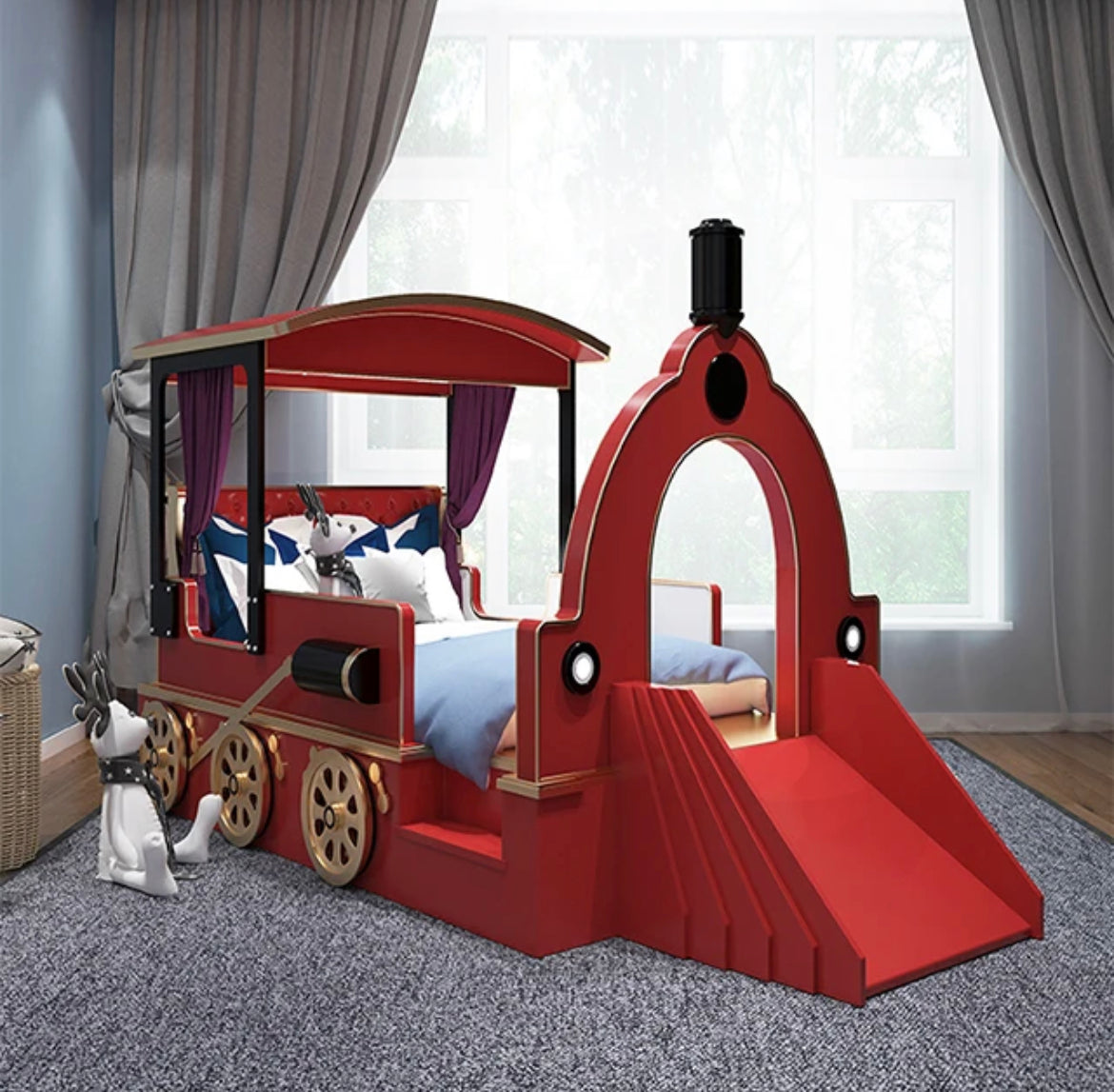 Children's Bedroom Furniture Design Solid Wood Kids Baby Safety Train Shape Beds 