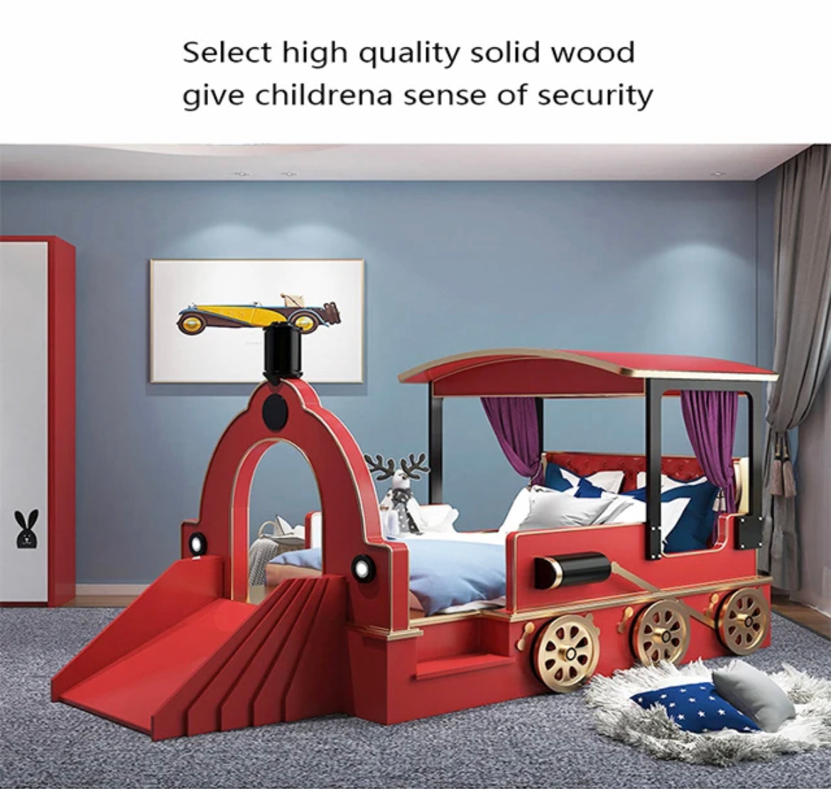 Children's Bedroom Furniture Design Solid Wood Kids Baby Safety Train Shape Beds 