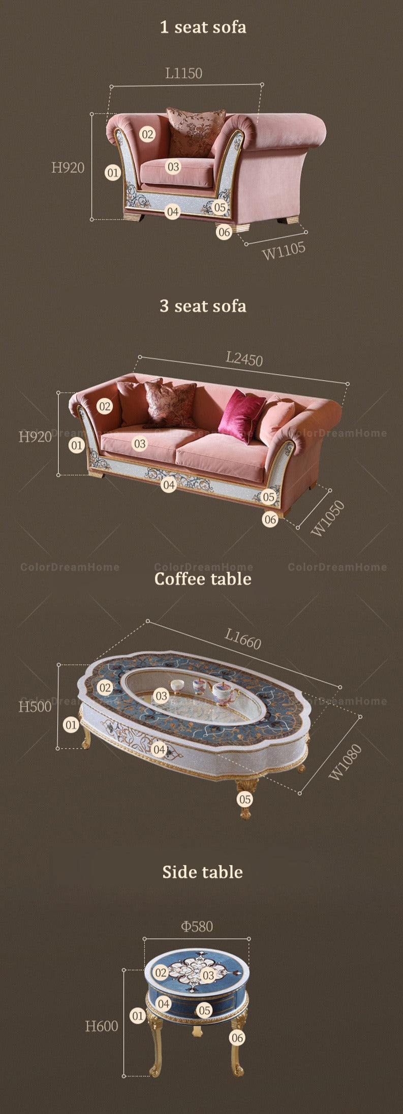 Living Room Furniture 3+2+1 Modern Luxury Pink Baroque Design Sofas Home Furniture Set