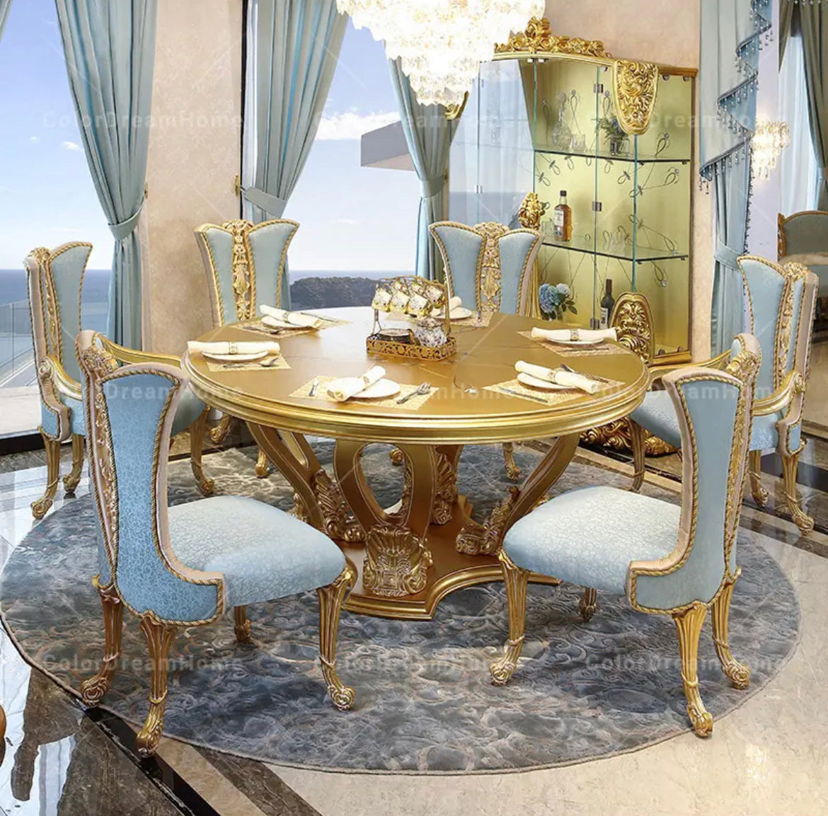 Dining Room Furniture Luxury Carving Wood 6 Seater Round Dining Table Set Baroque Design Furniture