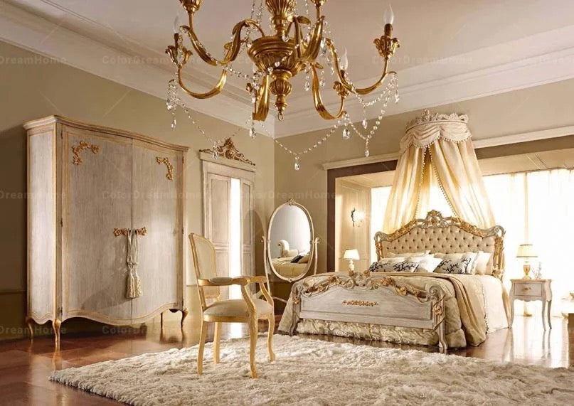 Bedroom Furniture Set Baroque Italian Luxury Solid Wood Golden Bedroom Set