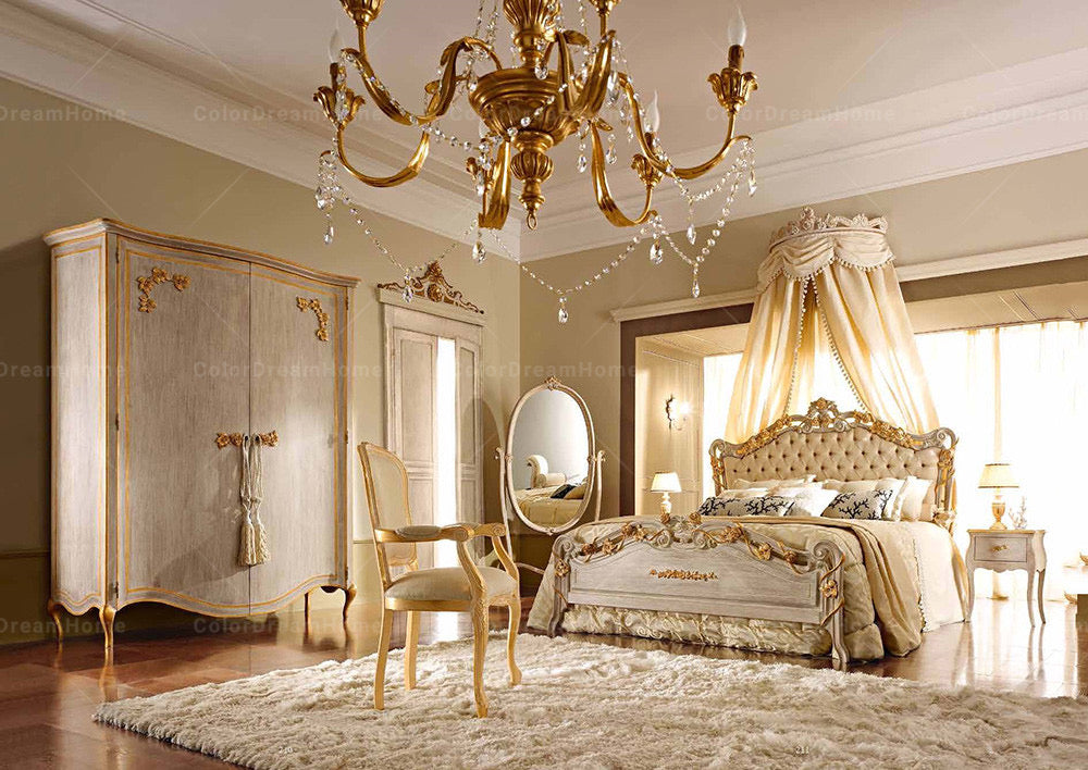 Bedroom Furniture Set Baroque Italian Luxury Solid Wood Golden Bedroom Set