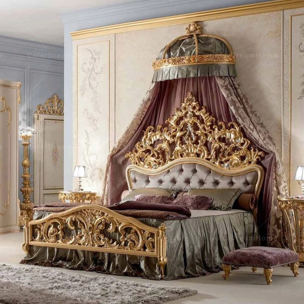 Master Bedroom French Royal Luxury Heavy Carved Bedroom Set Golden Solid Wood Baroque Design Furniture