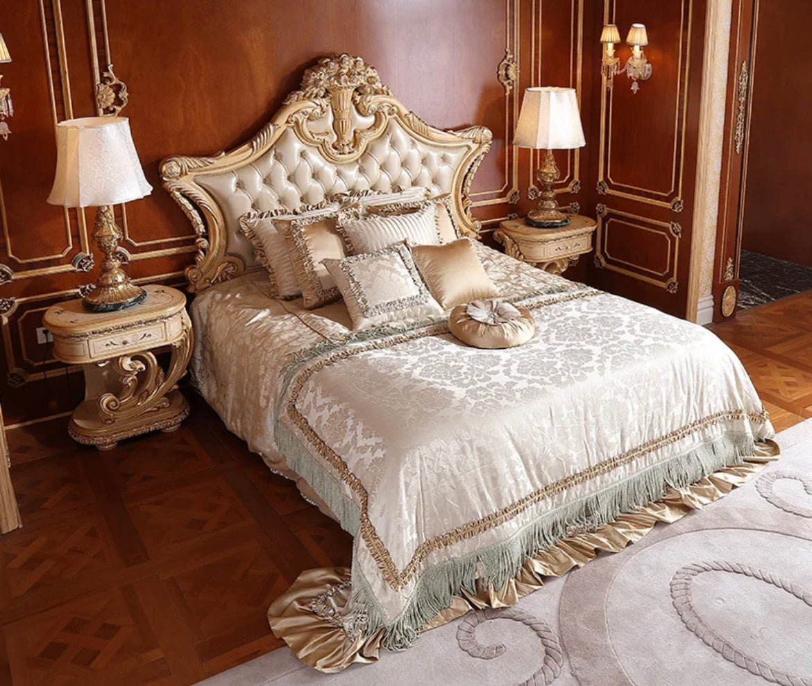 Luxury Bedroom King Size Solid Wood Leather Bed Baroque French Arabic Royal Design Bedroom Furniture Set