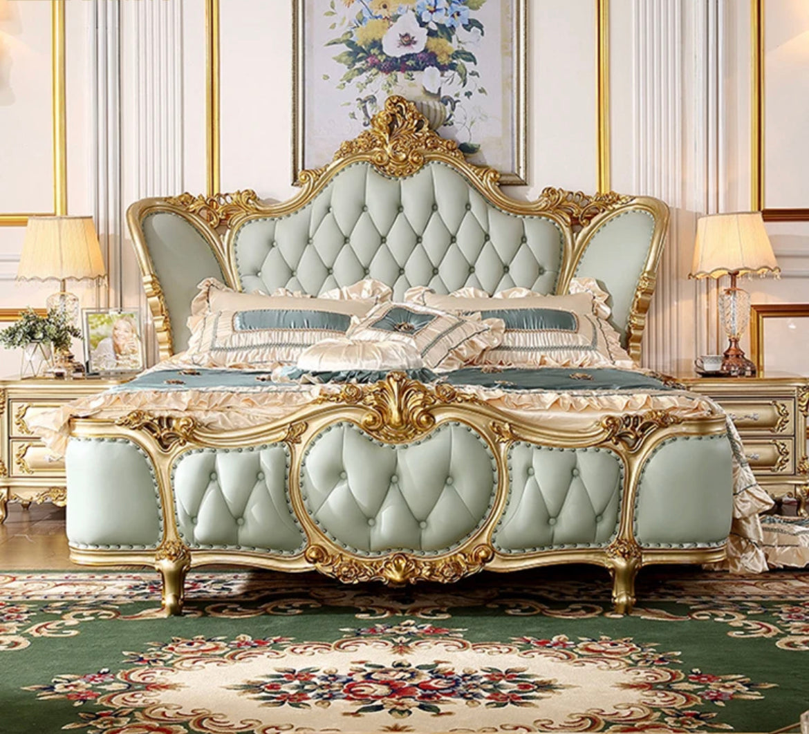 Queen Size Bed High Gloss Champagne Foil Luxury Home Furniture Barowue Design Bedroom Furniture