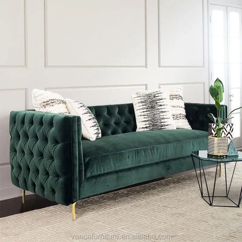 2 Seater Sofa Gold Stainless Steel Base Tufted Green Velvet Button Living Room Office Hotel Safa Design