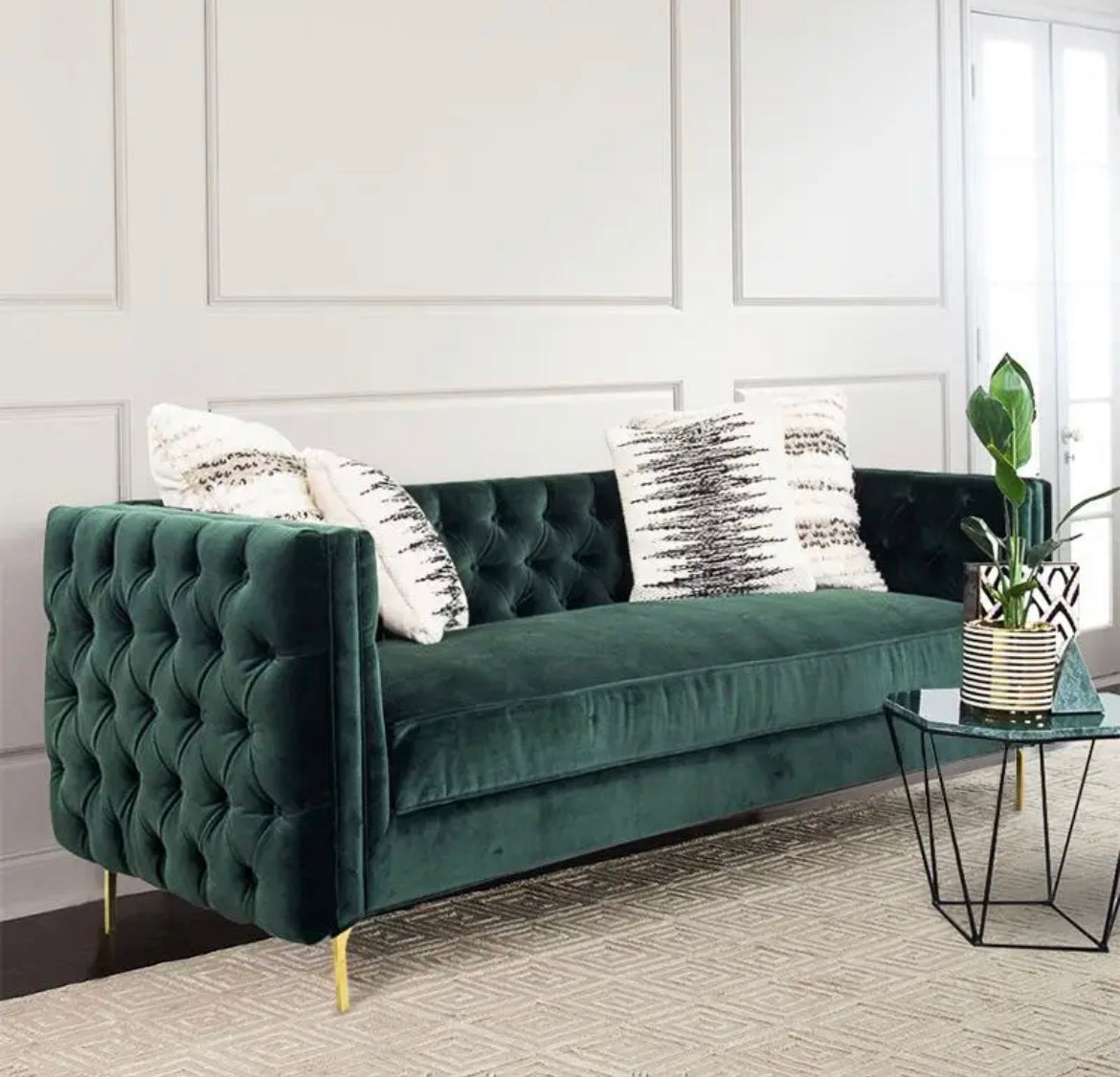 2 Seater Sofa Gold Stainless Steel Base Tufted Green Velvet Button Living Room Office Hotel Safa Design