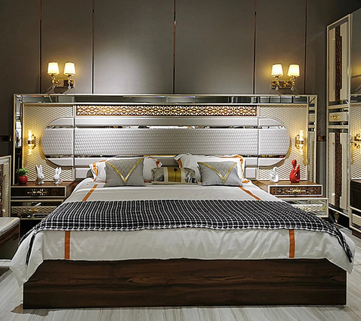 Home Furniture Mirrored Headboard Bedroom Set Solid Wood King Size Luxurious Bedroom Furniture Sets