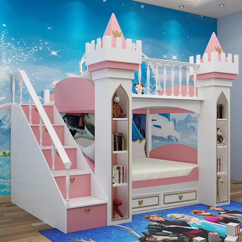 Kids Bunk Bed Good Quality Pine Bed Girls Pink Castle Design Bedroom Furniture Double Bunk Bed