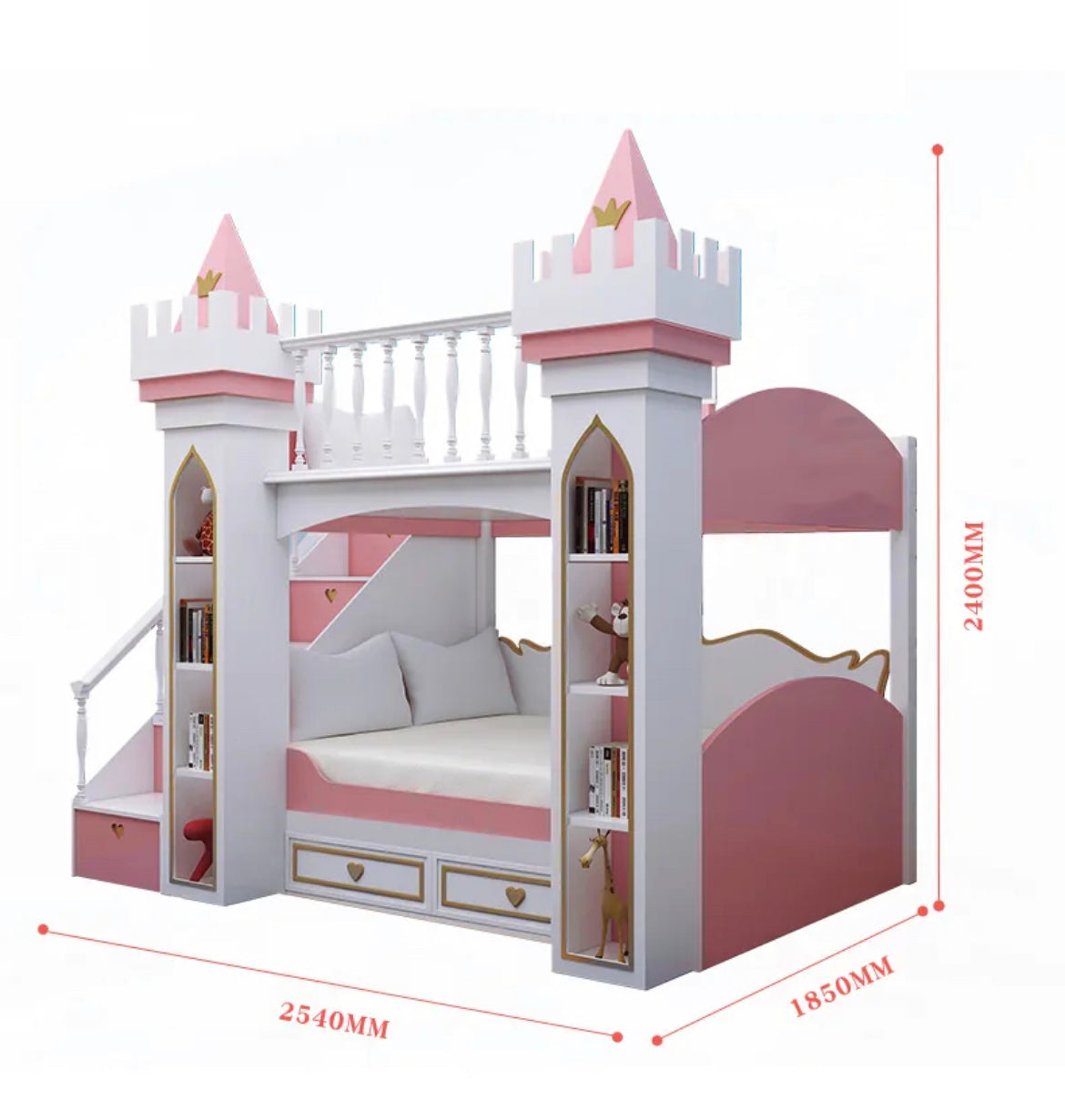 Kids Bunk Bed Good Quality Pine Bed Girls Pink Castle Design Bedroom Furniture Double Bunk Bed