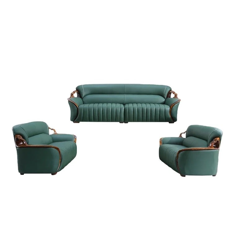 Fall Winter American Sofa Design 3+2+1 Ebony Solid Wood Leather Modern Living Room Green Sofa Set