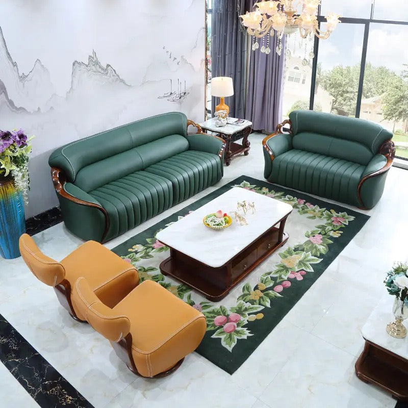 Fall Winter American Sofa Design 3+2+1 Ebony Solid Wood Leather Modern Living Room Green Sofa Set