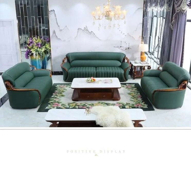 Fall Winter American Sofa Design 3+2+1 Ebony Solid Wood Leather Modern Living Room Green Sofa Set