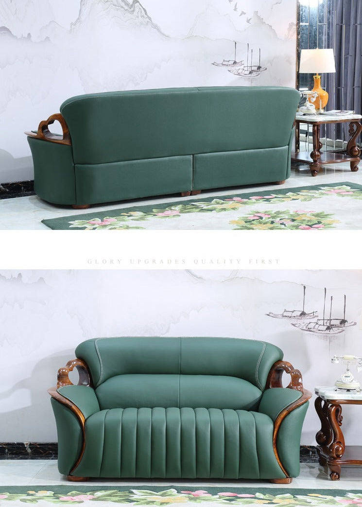 Fall Winter American Sofa Design 3+2+1 Ebony Solid Wood Leather Modern Living Room Green Sofa Set