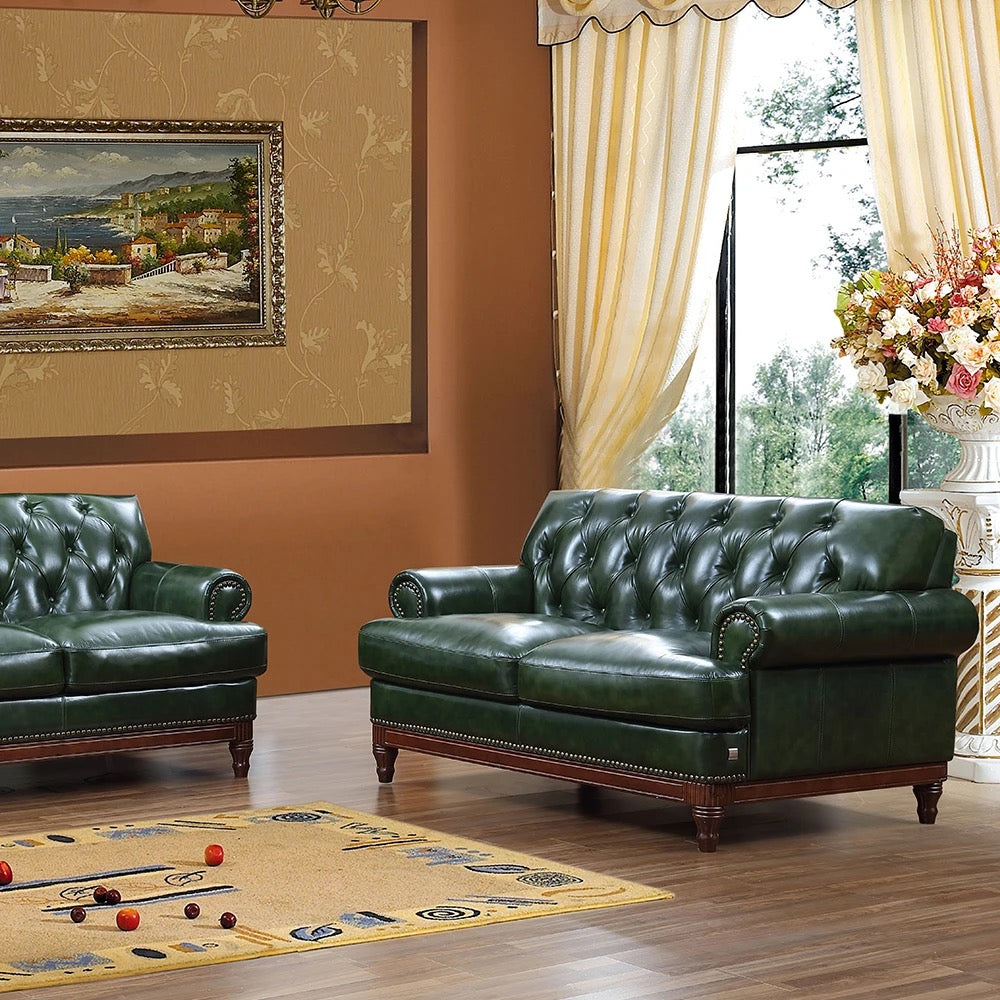 Chesterfield High-End Office Living Room Furniture With Household Dark Green Leather Sofa Set