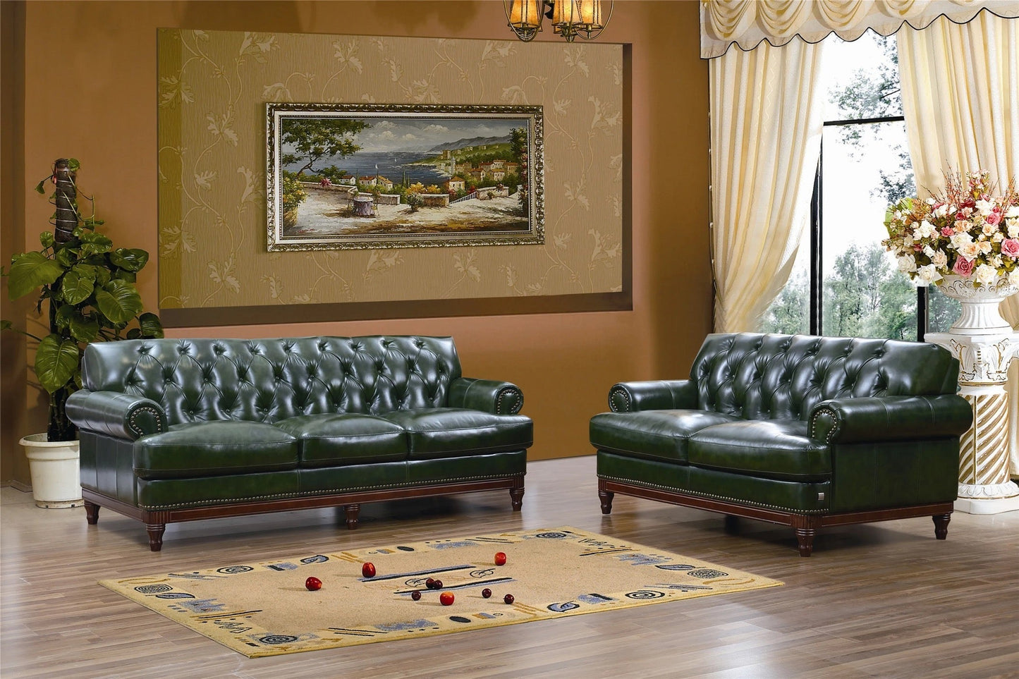 Chesterfield High-End Office Living Room Furniture With Household Dark Green Leather Sofa Set