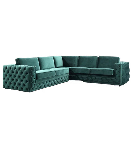 Green Velvet L-Shaped Modular Sofa with Deep Tufted Buttons Living Room Furniture Sofa