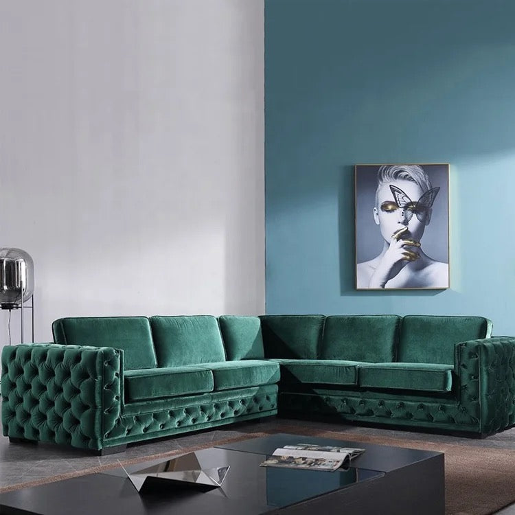 Green Velvet L-Shaped Modular Sofa with Deep Tufted Buttons Living Room Furniture Sofa