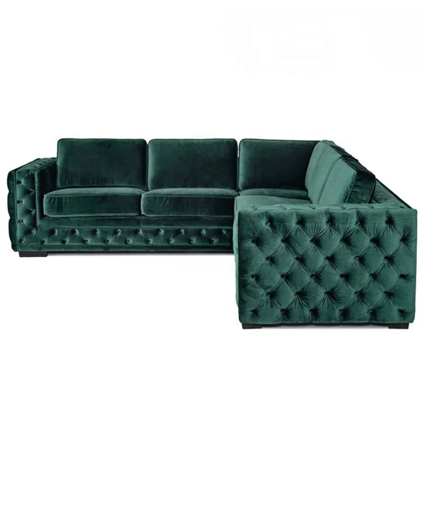 Green Velvet L-Shaped Modular Sofa with Deep Tufted Buttons Living Room Furniture Sofa