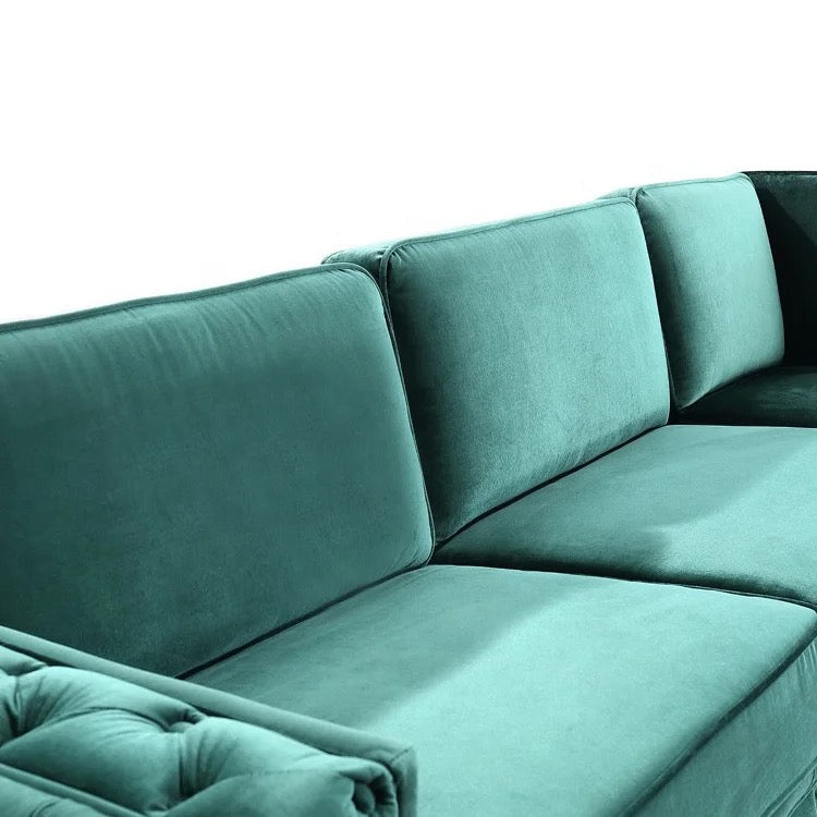 Green Velvet L-Shaped Modular Sofa with Deep Tufted Buttons Living Room Furniture Sofa