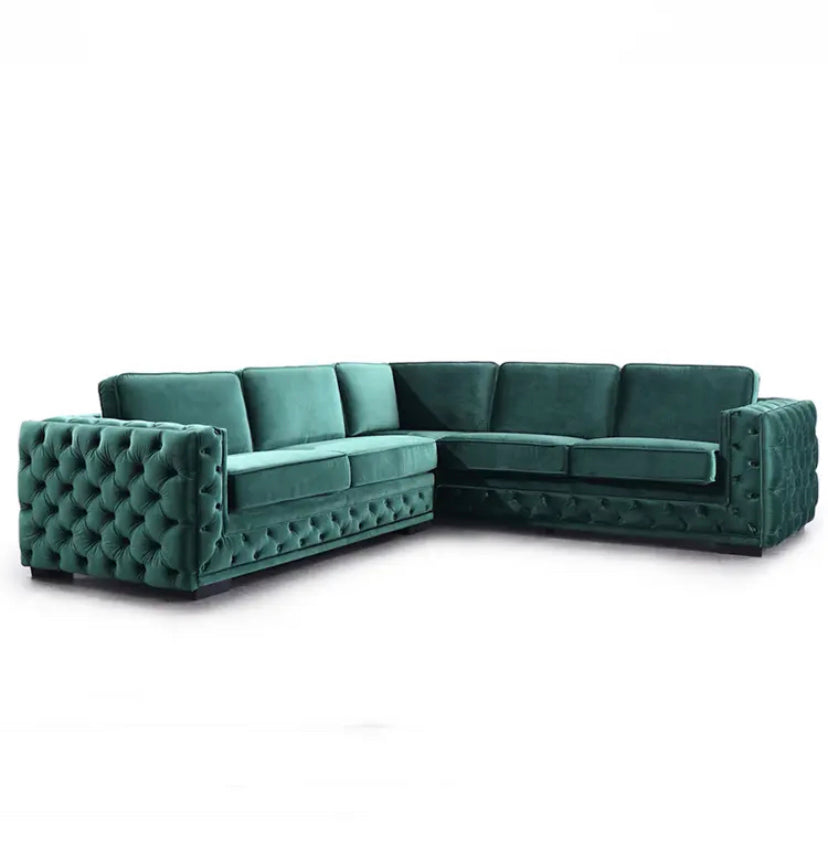 Green Velvet L-Shaped Modular Sofa with Deep Tufted Buttons Living Room Furniture Sofa