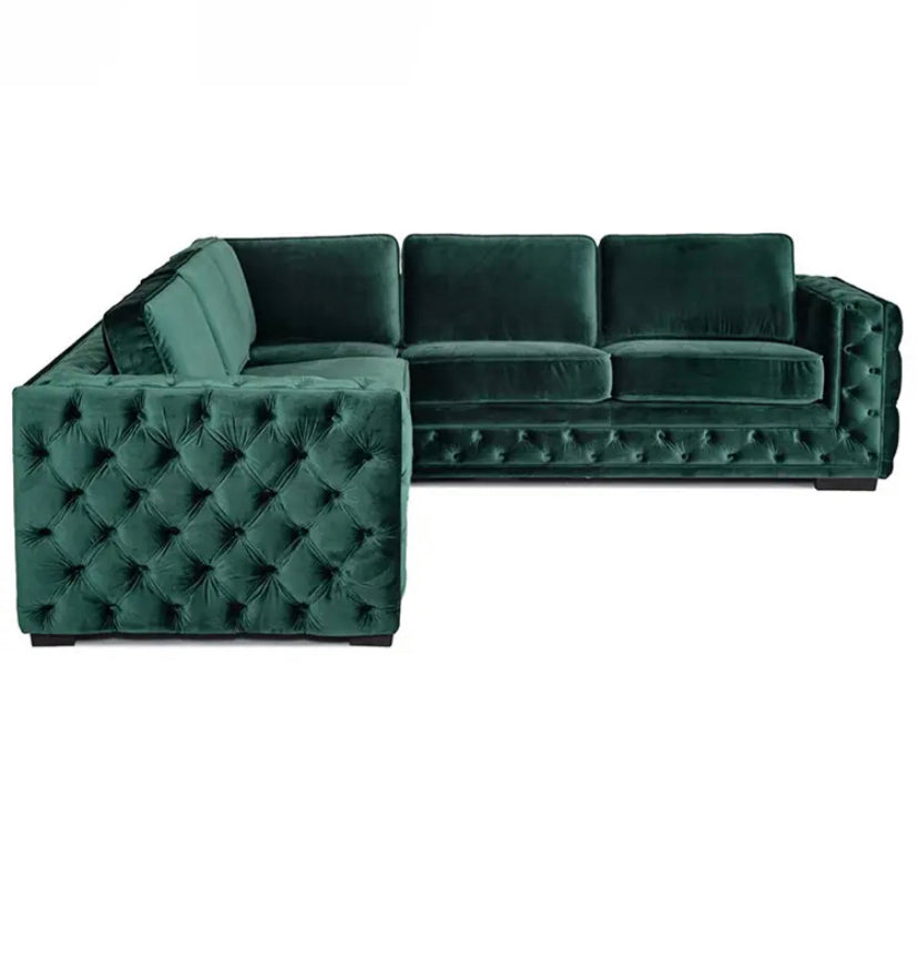 Green Velvet L-Shaped Modular Sofa with Deep Tufted Buttons Living Room Furniture Sofa