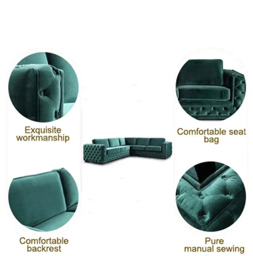 Green Velvet L-Shaped Modular Sofa with Deep Tufted Buttons Living Room Furniture Sofa