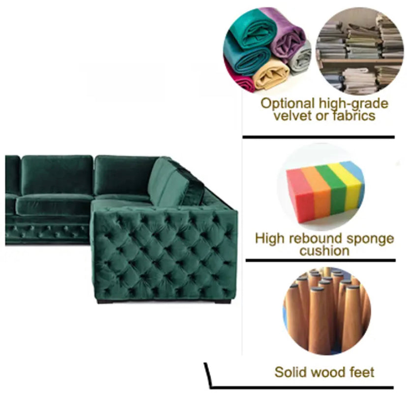 Green Velvet L-Shaped Modular Sofa with Deep Tufted Buttons Living Room Furniture Sofa