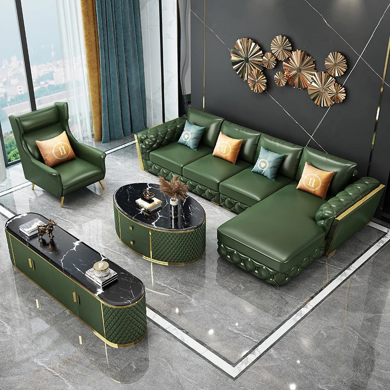 L- Shaped Sofa Fall Winter Modern Soft Circular Luxury Sofa Design Cowhide Green Sofa