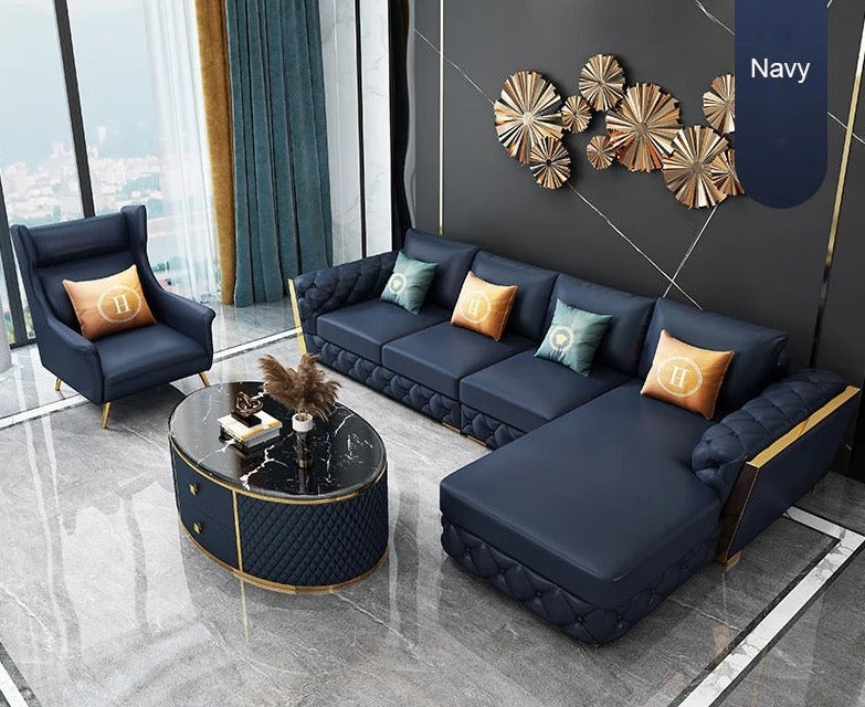 L- Shaped Sofa Fall Winter Modern Soft Circular Luxury Sofa Design Cowhide Green Sofa