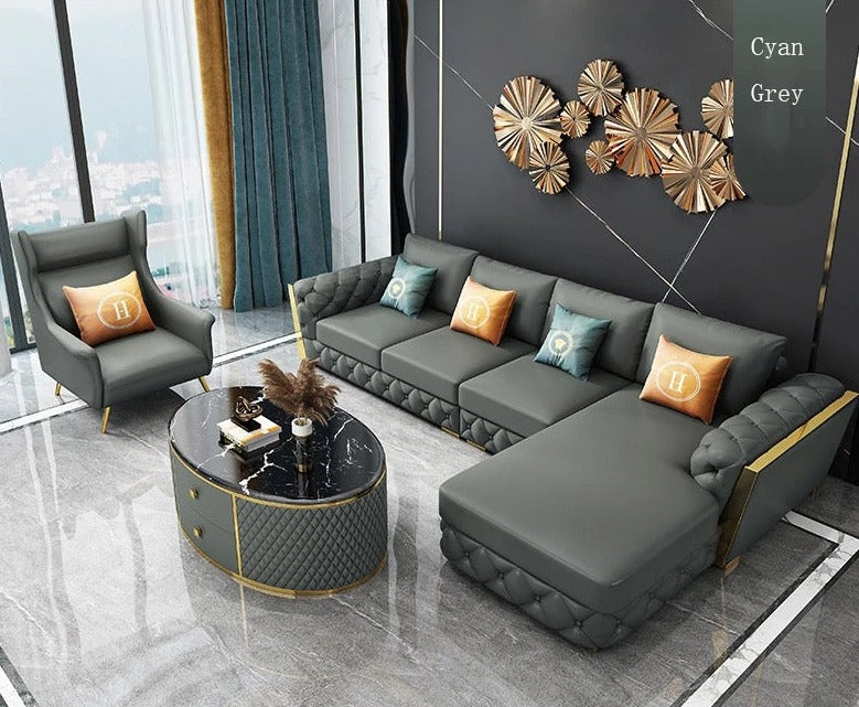 L- Shaped Sofa Fall Winter Modern Soft Circular Luxury Sofa Design Cowhide Green Sofa