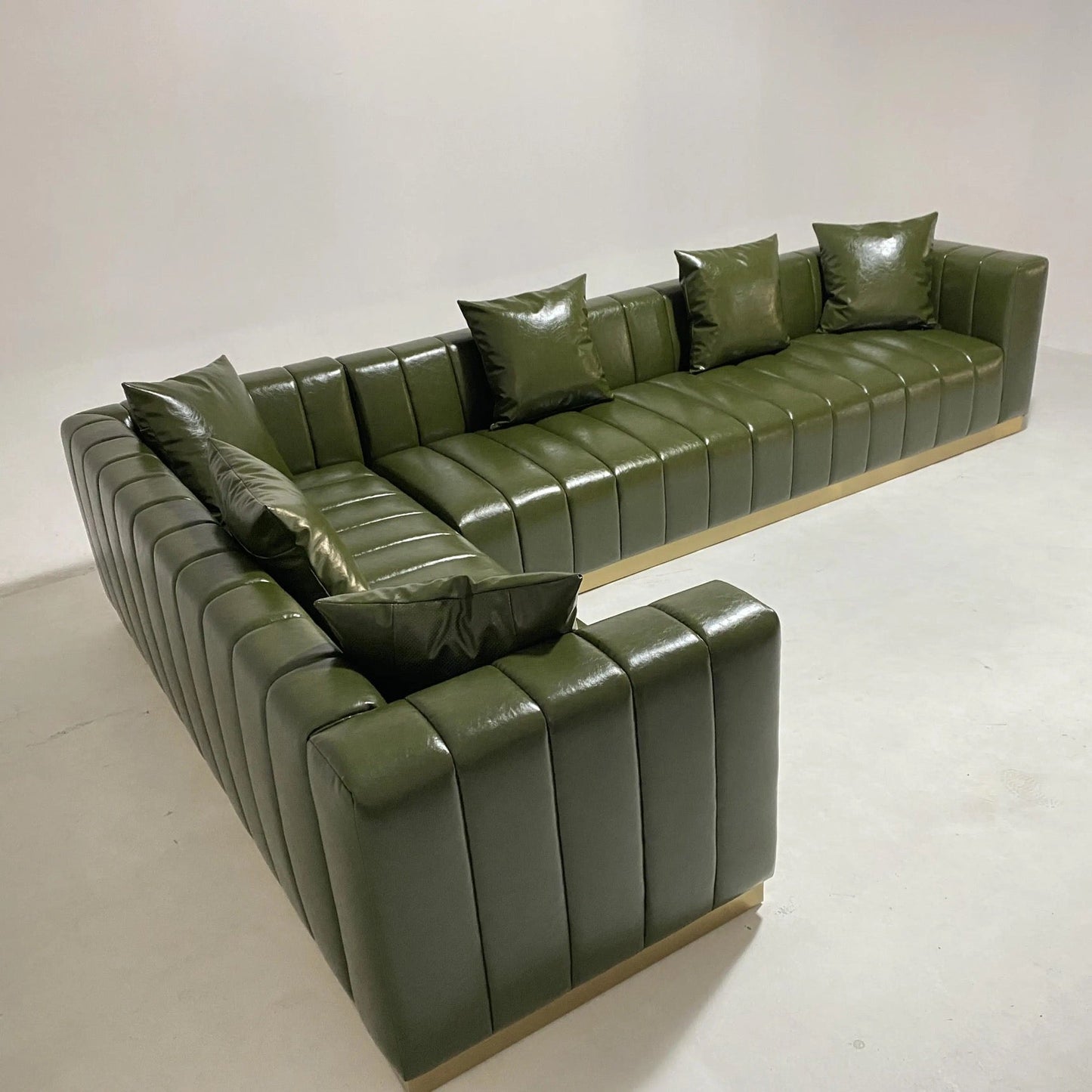 L Shaped Sofa Green Leather Upholstery Sectional Sofa Set Fall Winter Interior Design