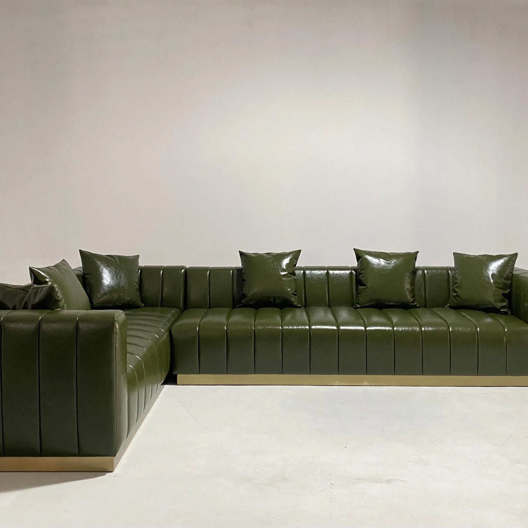 L Shaped Sofa Green Leather Upholstery Sectional Sofa Set Fall Winter Interior Design