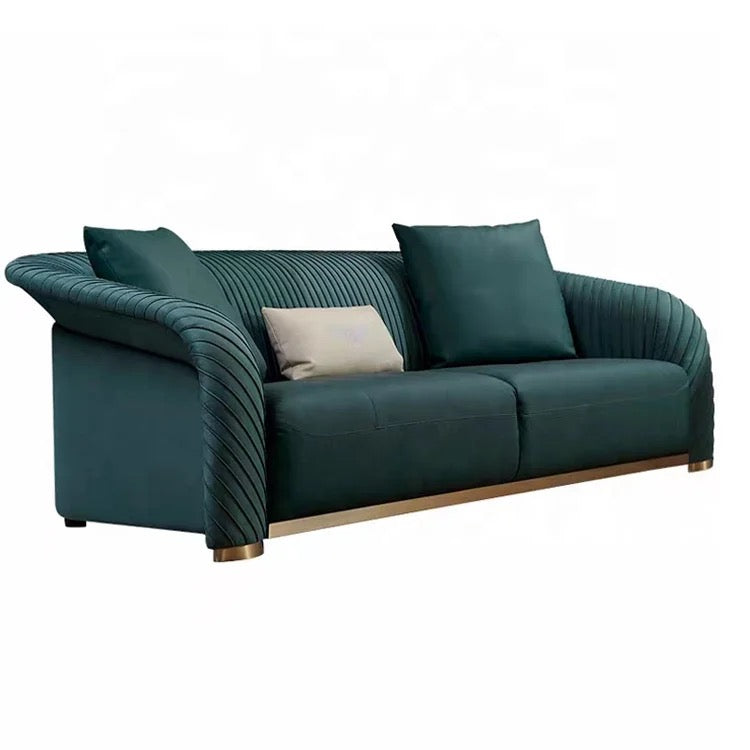 3+2+1 Sofa Set Exquisitely Curved Design Seaming Back Brass Base Green Velvet Sofas