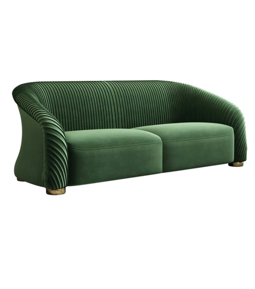 3+2+1 Sofa Set Exquisitely Curved Design Seaming Back Brass Base Green Velvet Sofas